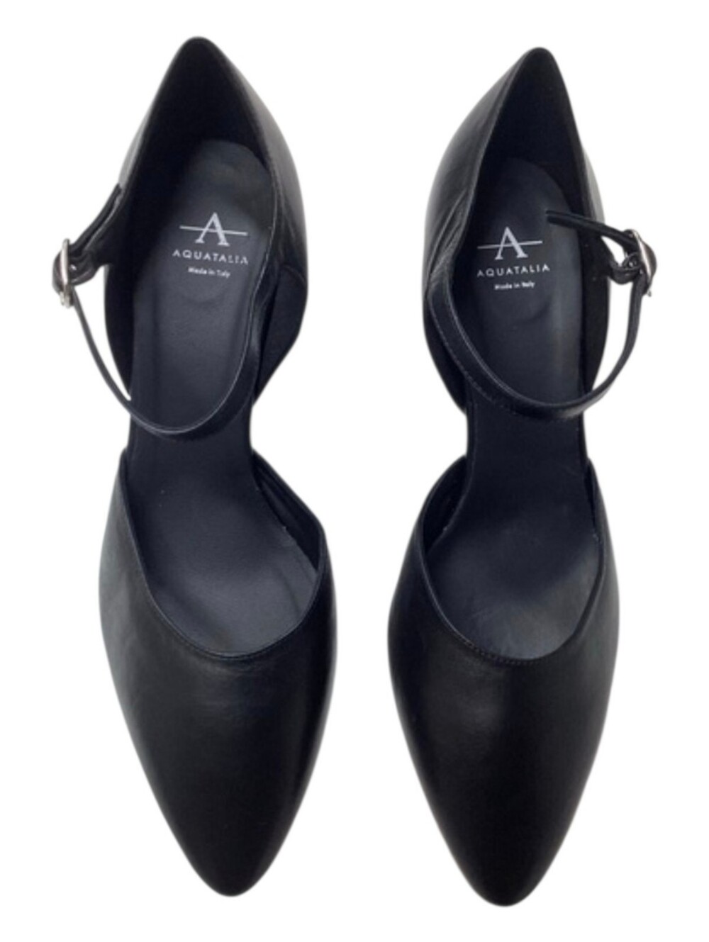Aquatalia Penelope Black Leather Pointed D'Orsay Ankle-Strap Heels